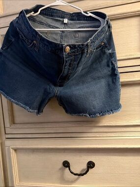 Seven7 Dark Blue Denim Cutoff Shorts with Frayed Hem